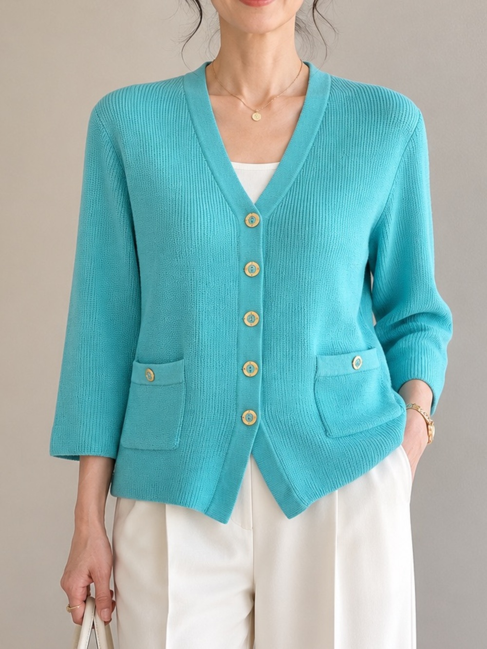 St John Sport Wool Blend Cardigan M Tiffany Blue Gold Button Luxury Like New